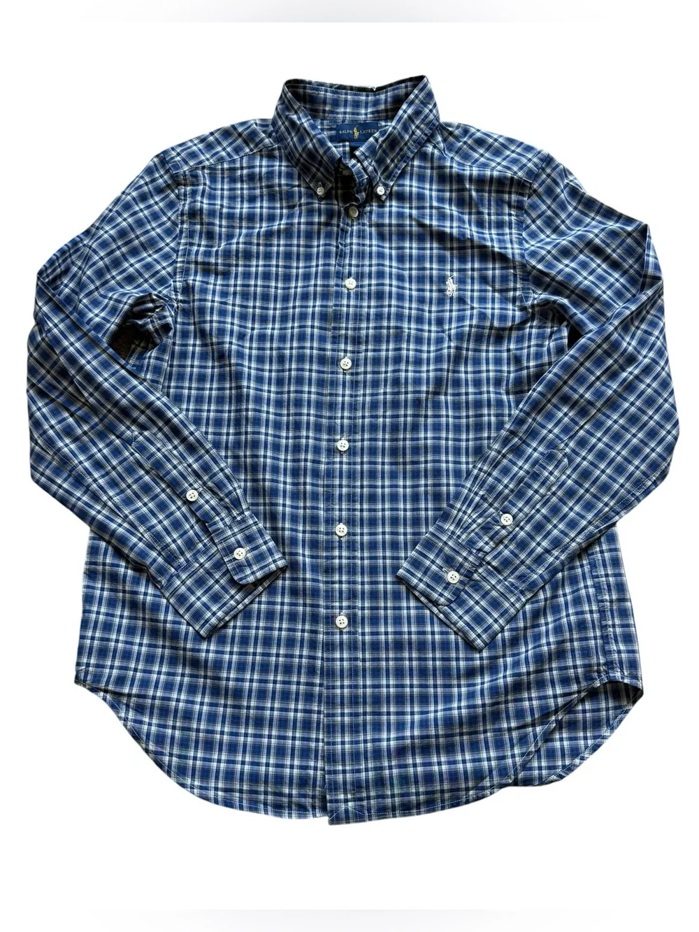Ralph Lauren Blue Plaid Button Down Shirt Cotton Pony Logo Preppy Youth Large